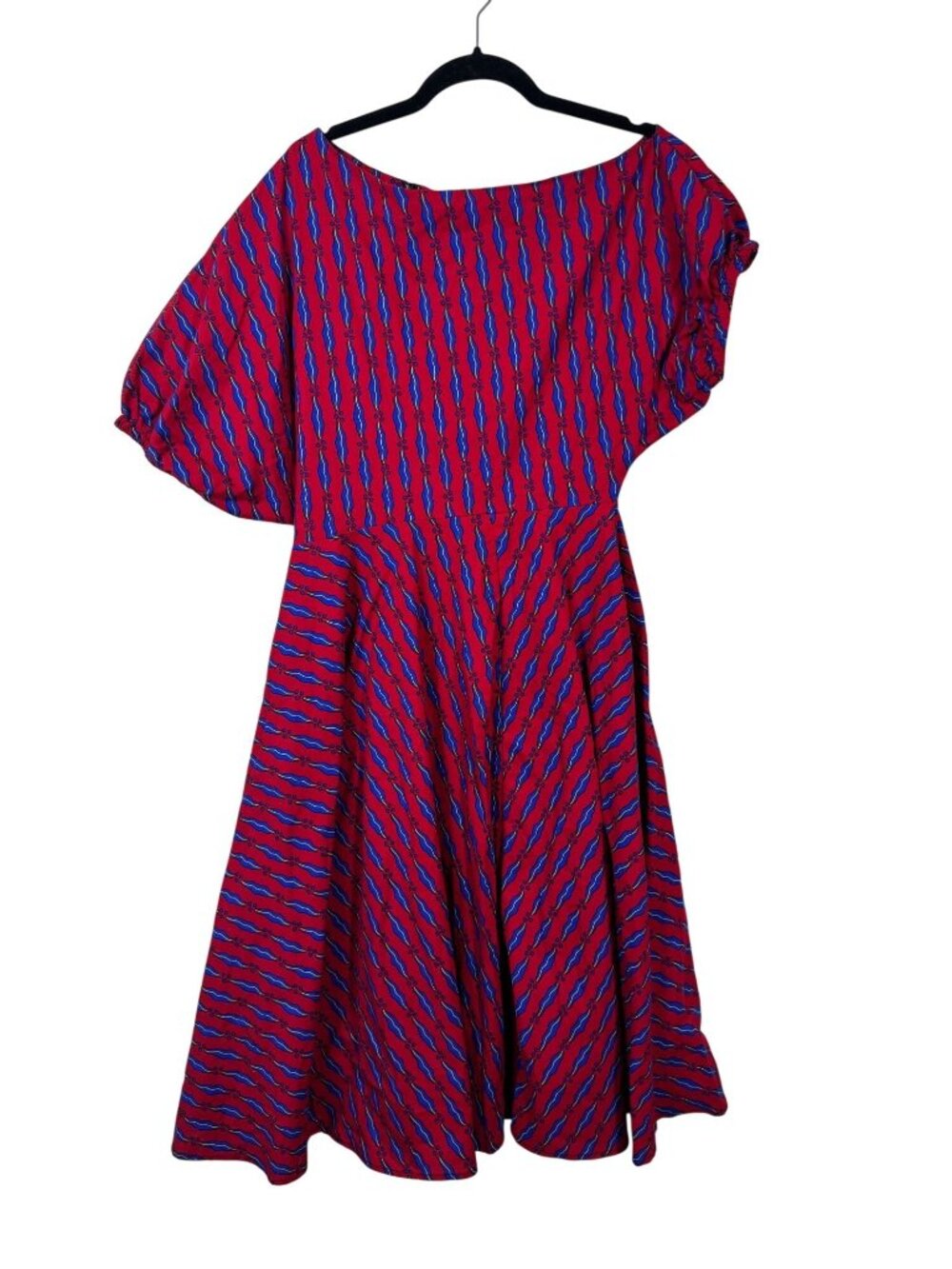 NEW Ofuure Red Blue Cotton Midi Dress size Medium Asymmetrical Short Sleeves